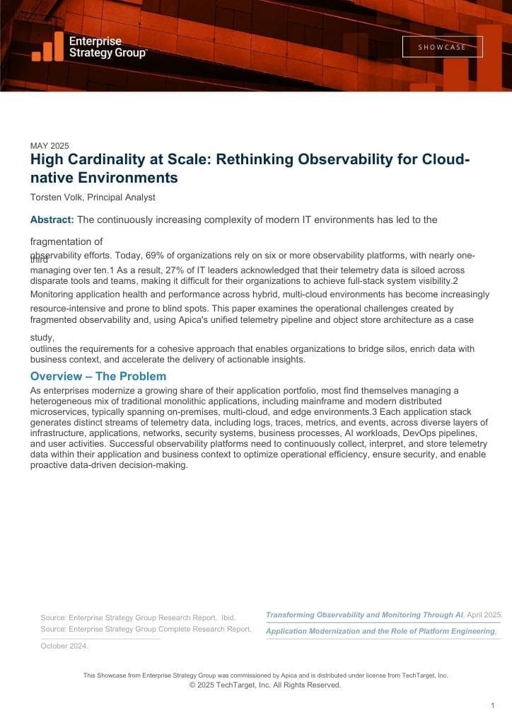 Product briefs, technical briefs, data sheets of Apica & its capabilities 42 ESG Showcase